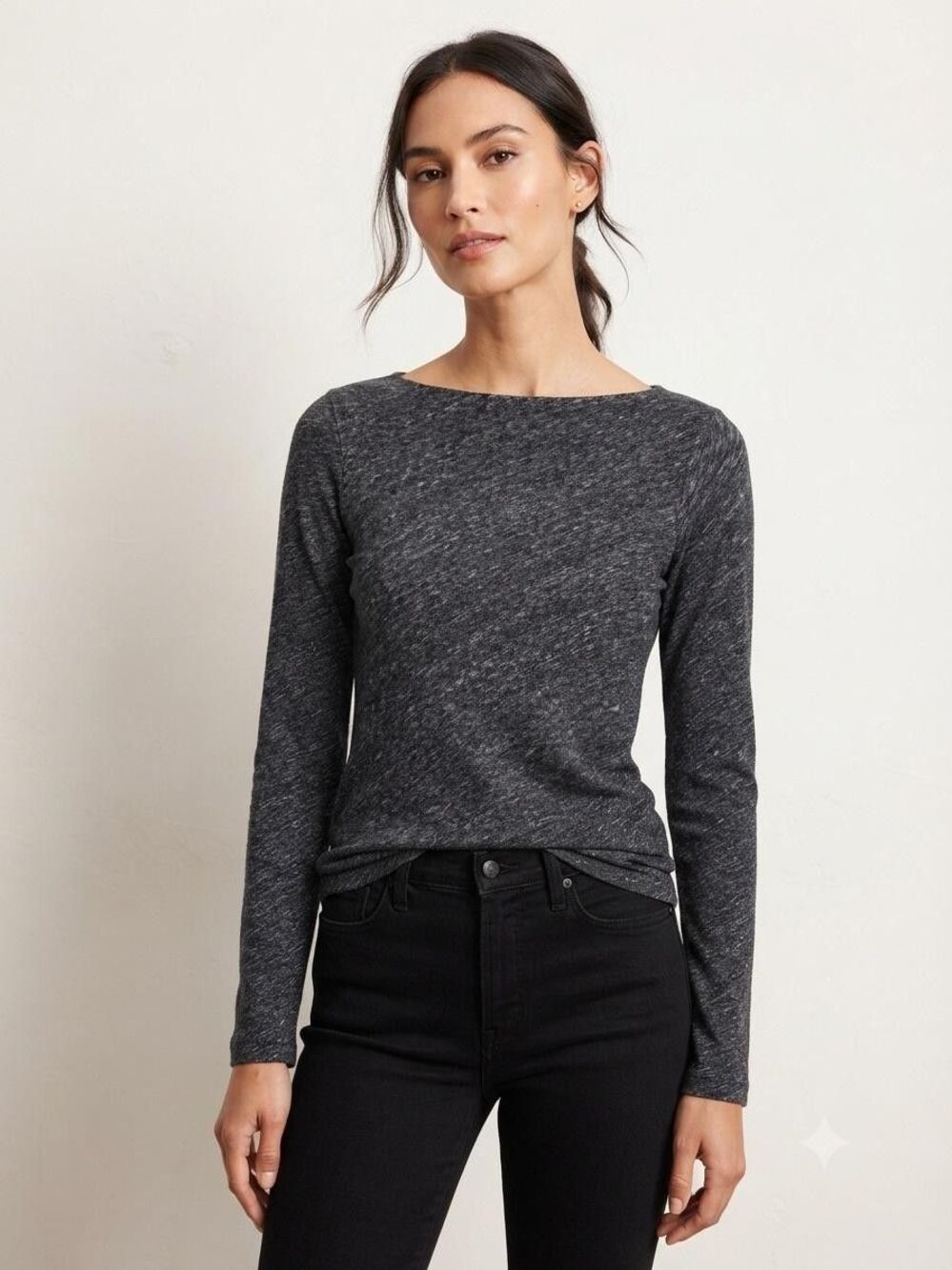 Eileen Fisher T Shirt Womens M Gray Boat Neck Long Sleeve Basic Knit Top